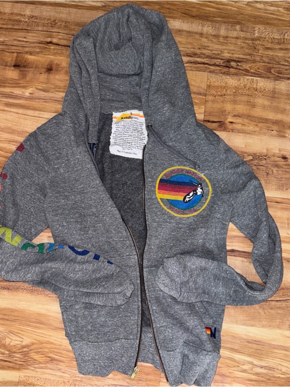Aviator Nation Gray Zip Hoodie with Rainbow Patch & Sleeve Stripes